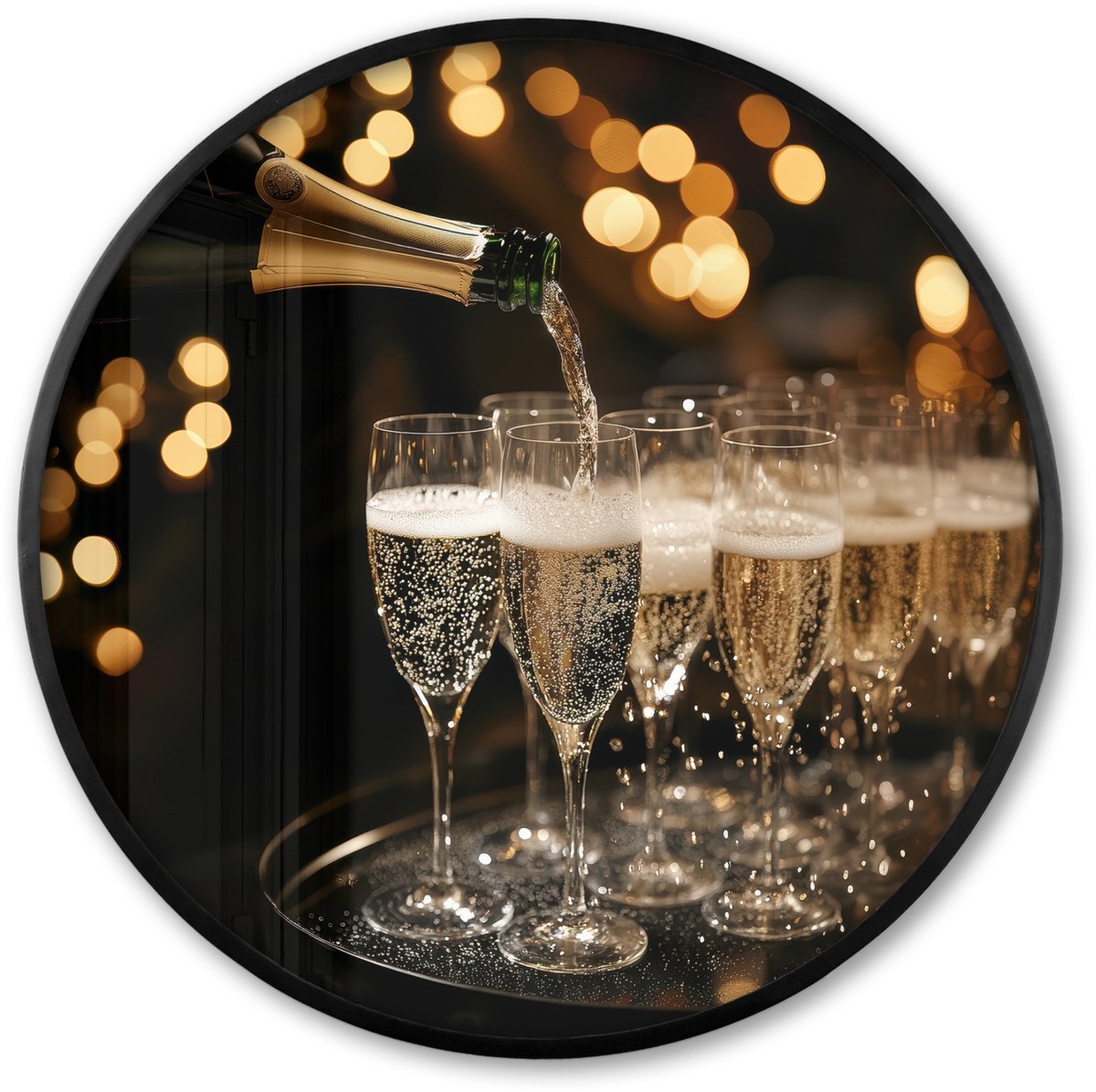 FrameYourWall Poster in lijst Rond - Fotolijst 60x60 cm - Posters - Lichtjes - Champagne - Dienblad - Glazen - Ronde posterlijst zwart - Decoratie - Wanddecoratie woonkamer - Muurdecoratie slaapkamer Champagne - Glazen