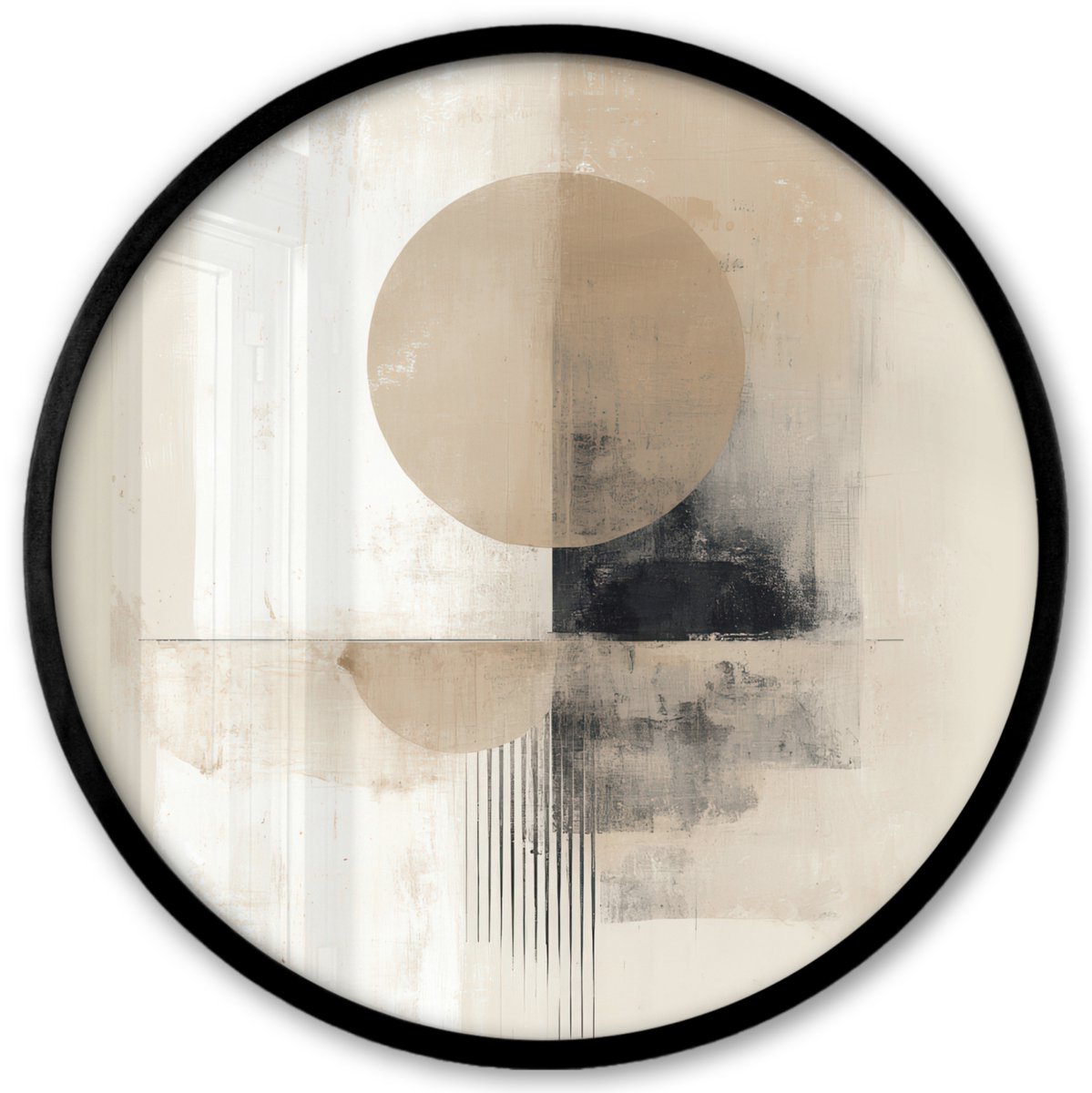 FrameYourWall Poster in lijst Rond - Fotolijst 40x40 cm - Posters - Cirkel - Compositie - Diepte - Beige - Ronde posterlijst zwart - Decoratie - Wanddecoratie woonkamer - Muurdecoratie slaapkamer