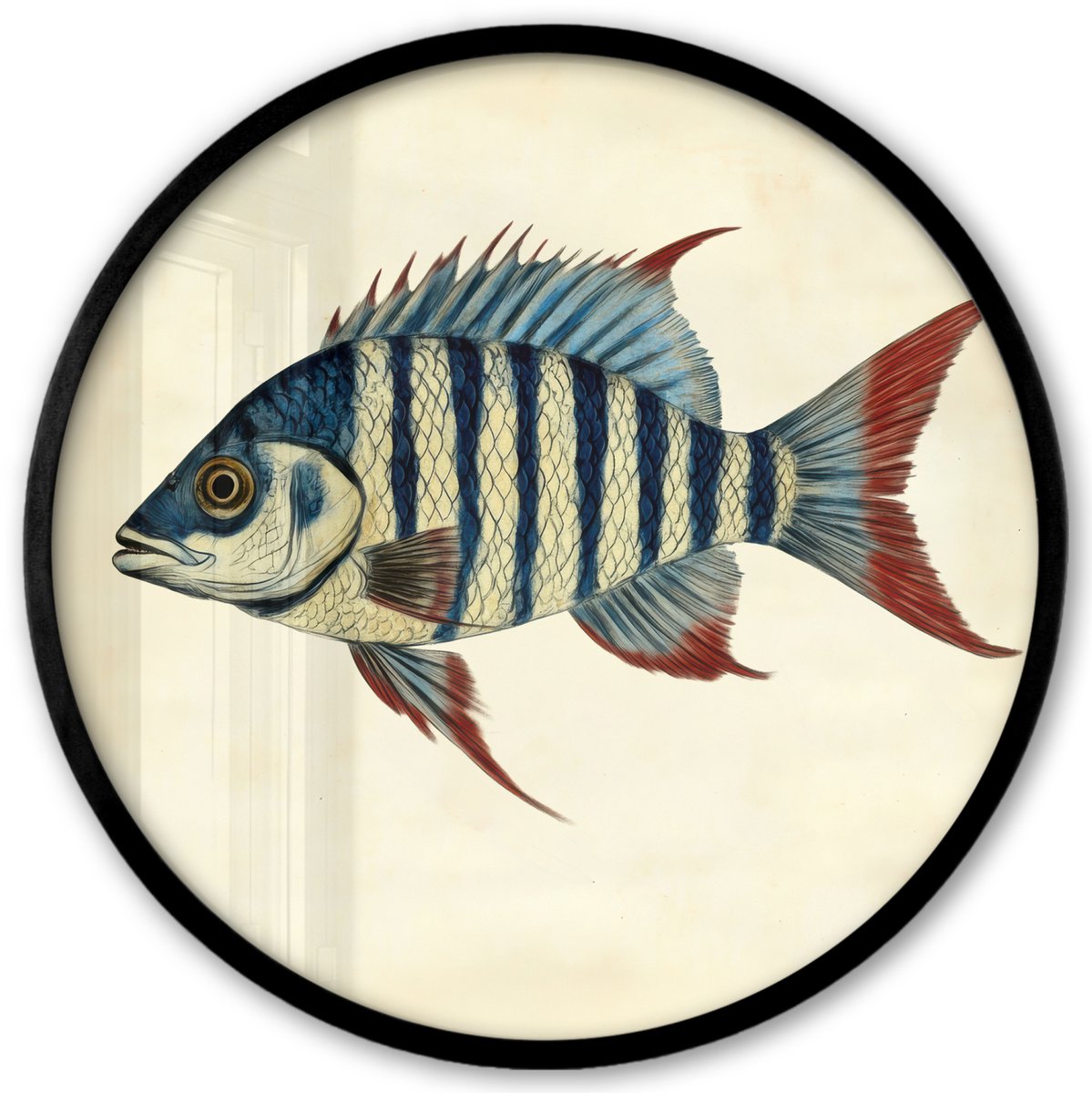 FrameYourWall Poster in lijst Rond - Fotolijst 40x40 cm - Posters - Gestreept - Donkerblauw - Rugvin - Vis - Ronde posterlijst zwart - Decoratie - Wanddecoratie woonkamer - Muurdecoratie slaapkamer Vis - Rugvin