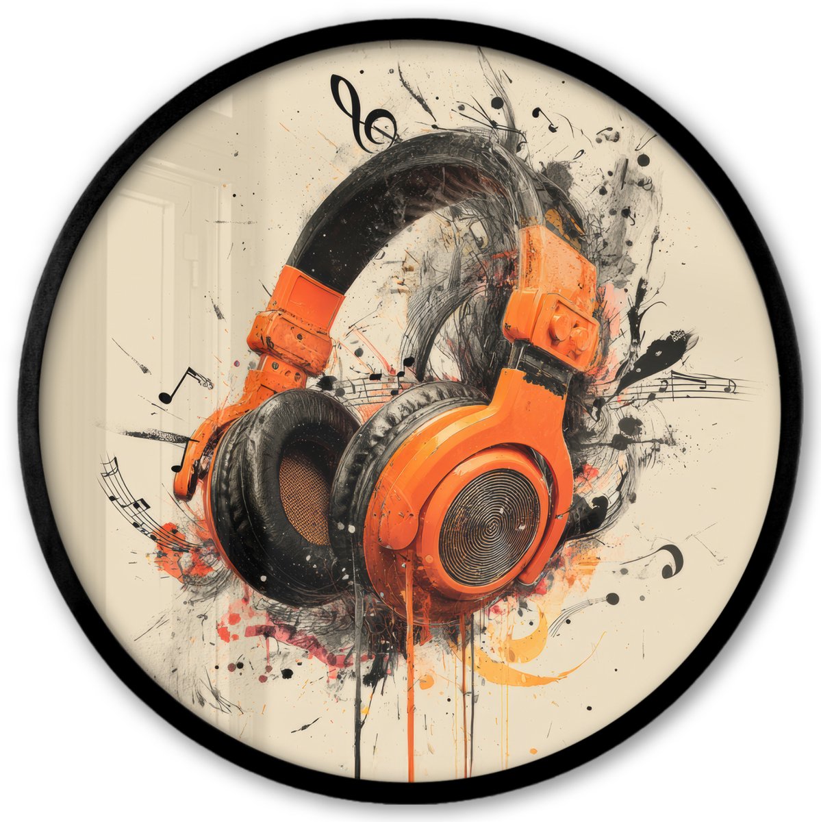 FrameYourWall Poster in lijst Rond - Fotolijst 40x40 cm - Posters - Koptelefoon - Oranje - Explosief - Ronde posterlijst zwart - Decoratie - Wanddecoratie woonkamer - Muurdecoratie slaapkamer Koptelefoon - Muzieknoten