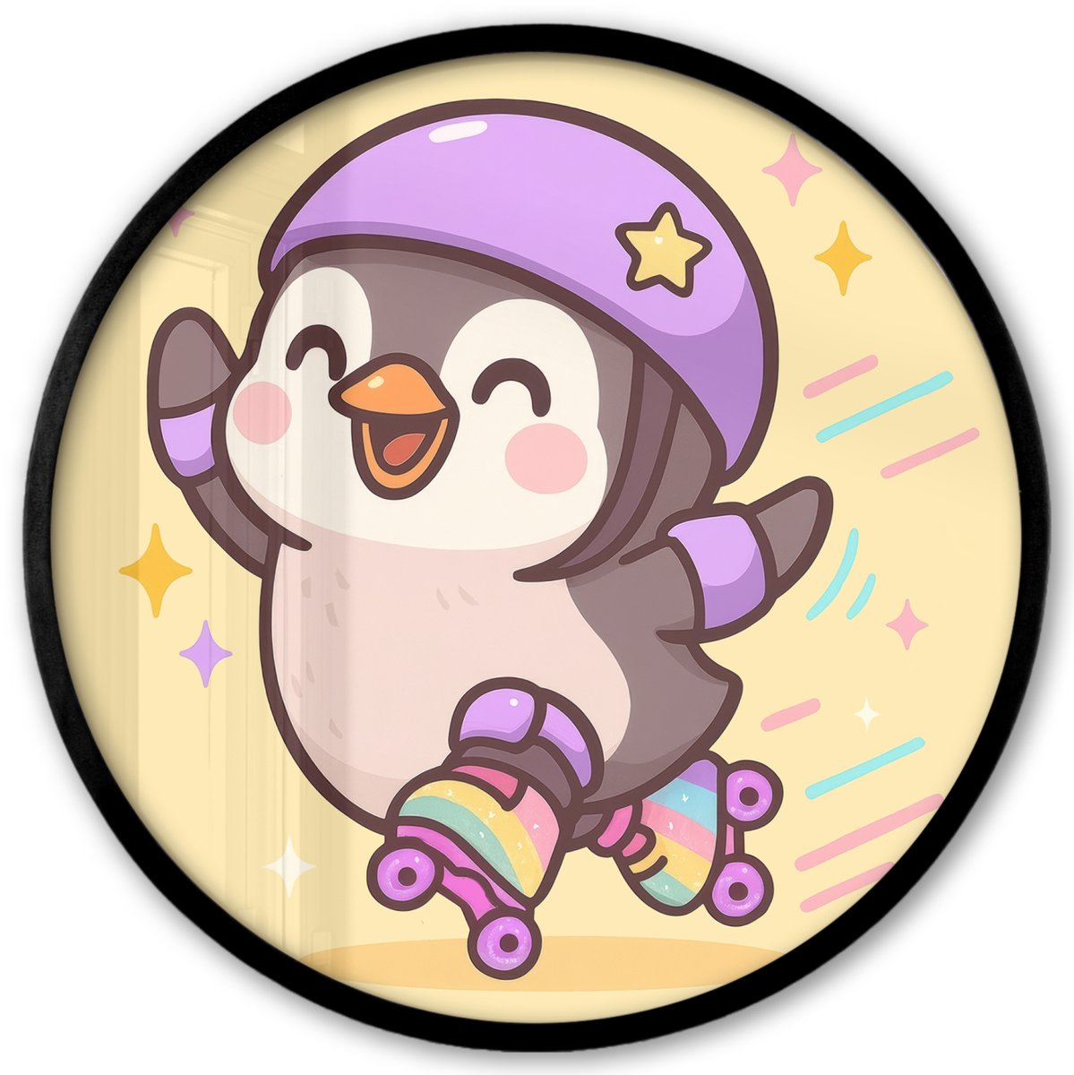 FrameYourWall Poster in lijst Rond - Fotolijst 40x40 cm - Posters - Pinguïn - Rolschaatsen - Geel - Energiek - Ronde posterlijst zwart - Decoratie - Wanddecoratie woonkamer - Muurdecoratie slaapkamer