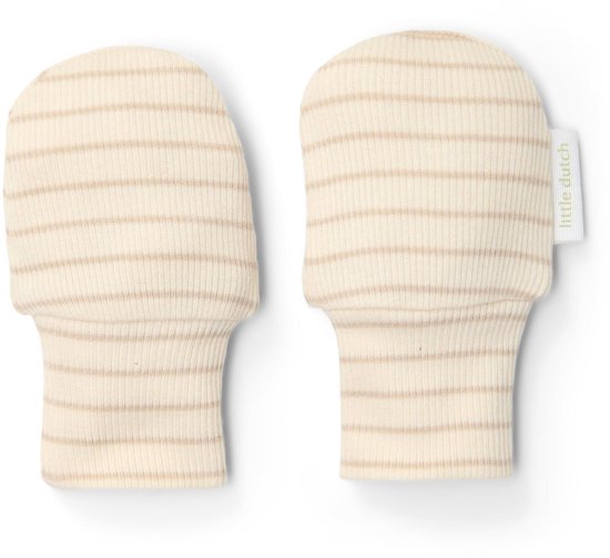 Beige babywanten met fijne beige strepen. Een label met 'little dutch' is aan de zijkant van de rechter want bevestigd.