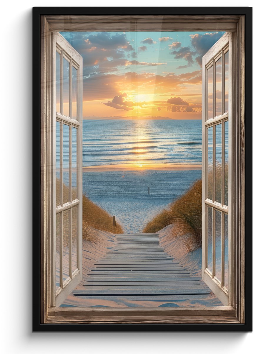 FrameYourWall Poster in lijst - Fotolijst 60x90 cm - Posters - Doorkijk - Strand - Pad - Zonsondergang - Posterlijst zwart - Decoratie - Wanddecoratie woonkamer - Muurdecoratie slaapkamer Zonsondergang - Zee