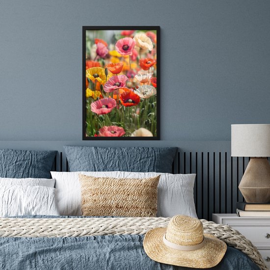Poster in lijst - Fotolijst 40x60 cm - Posters - Bloemenveld - Klaprozen - Kleurrijk - Posterlijst zwart - Decoratie - Wanddecoratie woonkamer - Muurdecoratie slaapkamer