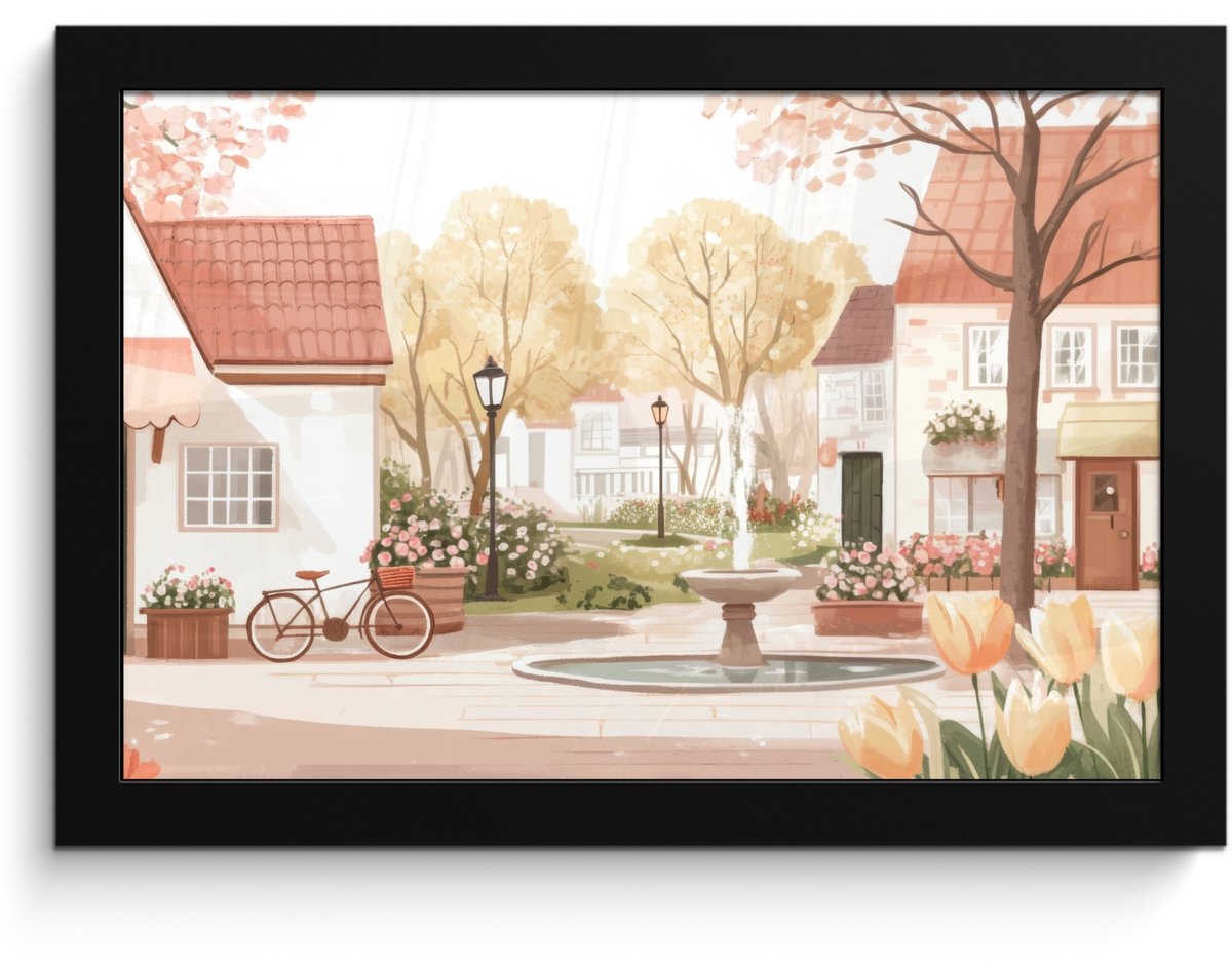 Poster in lijst - Fotolijst 30x20 cm - Posters - Dorpsplein - Fontein - Tulpen - Posterlij