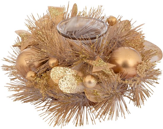Gouden kerstkrans met theelichtglashouder, kerstballen en sterren.