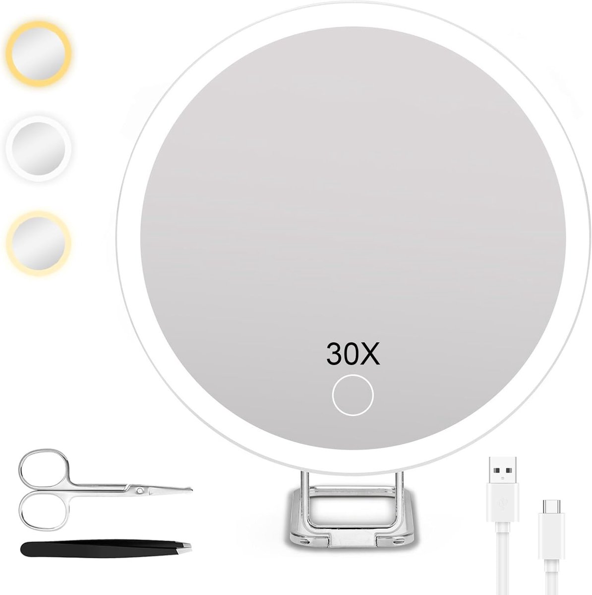 Ynkkvre - 30x Vergrotende Spiegel met Licht - Douche Spiegel met Zuignap - Hangende Make-up Spiegel met Verlichting - 3 Kleuren Dimbaar - Oplaadbare LED Cosmeticaspiegel voor Wastafel en Badkamer - Wit