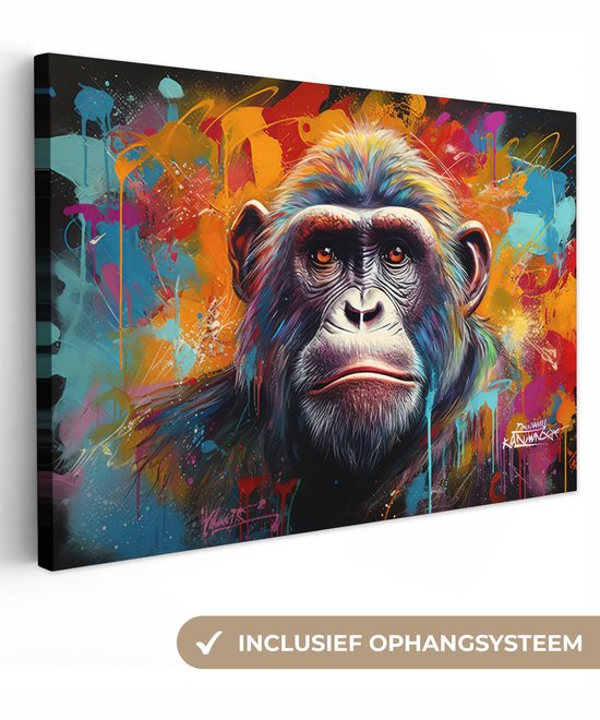 Canvas schilderij 180x120 cm - Wanddecoratie Aap - Gorilla - Graffiti - Dieren - Kleuren - Muurdecoratie woonkamer - Slaapkamer decoratie - Kamer accessoires - Schilderijen op canvas