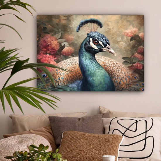 Tableau sur toile Paon - Vogel - Fleurs - Plantes - Plumes de Paon - 80x60 cm - Décoration murale