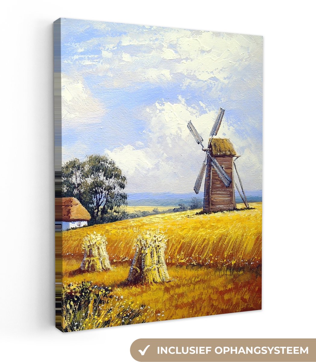 Canvas schilderij - Boerderij - Molen - Olieverf - Natuur - Canvas landelijk - 60x80 cm - Schilderijen op canvas - Canvasdoek - Muurdecoratie