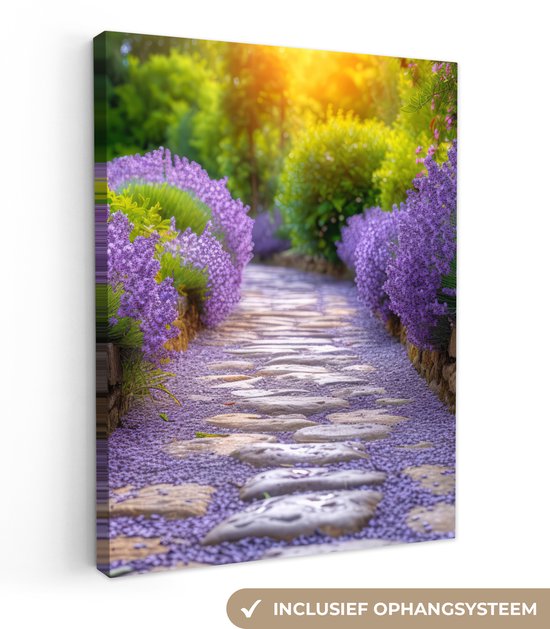 Canvas schilderij 30x40 cm - Wanddecoratie Bloemen - Pad - lavendel - Tuin - Muurdecoratie woonkamer - Slaapkamer decoratie - Kamer accessoires - Schilderijen op canvas
