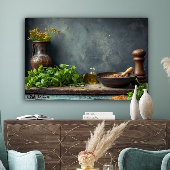 Peinture sur toile 120x80 cm - Décoration murale Nature morte - Herbes - Épices - Industriel - Rural - Accessoires de Décoration murale - Décoration murale de Cuisine - Peintures sur toile