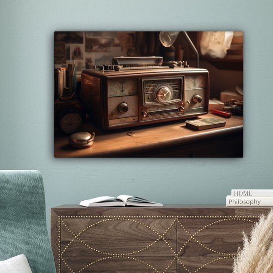 Tableau toile 60x40 cm - Décoration murale Vintage - Radio - Ancien - Bureau - Lampe - Décoration murale murale salon - Décoration chambre - Accessoires de chambre - Peintures