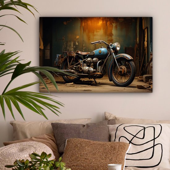 Peinture sur toile 60x40 cm - Décoration murale Vintage - Moteur - Blauw - Ancien - Garage - Décoration murale murale salon - Décoration chambre - Accessoires de chambre - Peintures