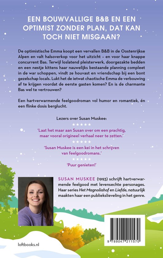 Dos du livre 'Een bouwvallige B&B en een optimist zonder plan, dat kan toch niet misgaan?' avec la photo de l'auteure Susan Muskee.