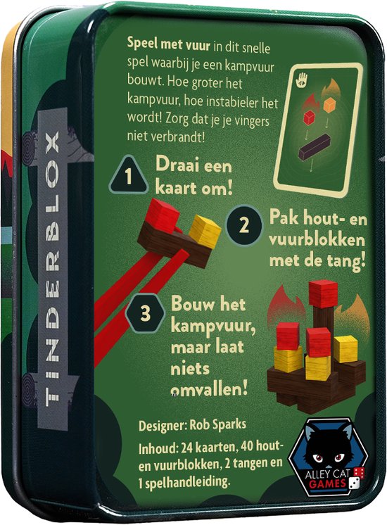 Blikje met spelinstructies en illustraties van de rode, gele en bruine houtblokken en tangen.