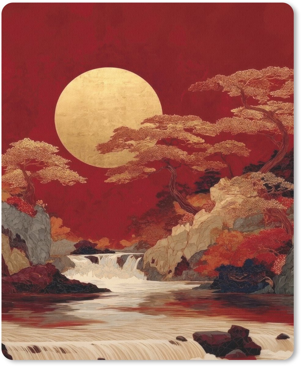 Muismat 19x23 cm - Mousepad Volle maan - Landschap - Waterval - Muismatten