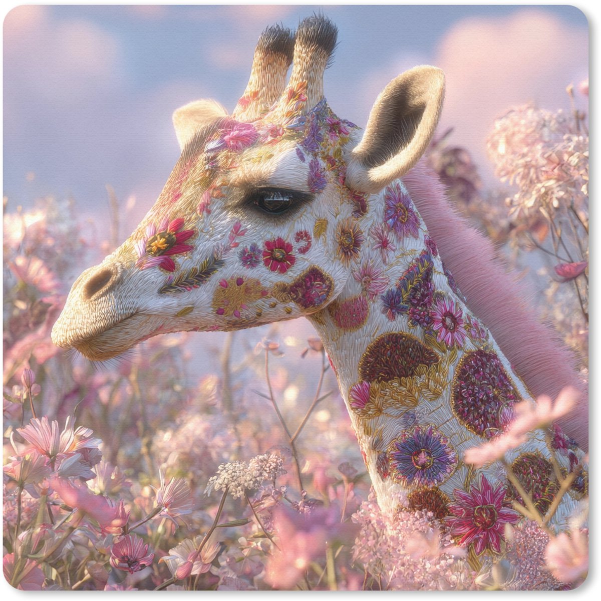 Muismat 20x20 cm - Mousepad Giraffe - Bloemen - Roze - Muismatten