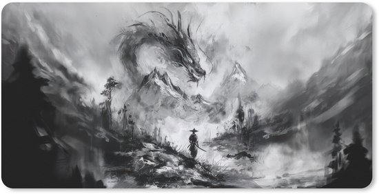 Muismat XXL 100x50 cm - Bureau onderlegger - Bureau mat Krijger - Draak - Grijs - Bureaumat - Gaming mousepad xl - Bureaulegger groot - Computer deskmat
