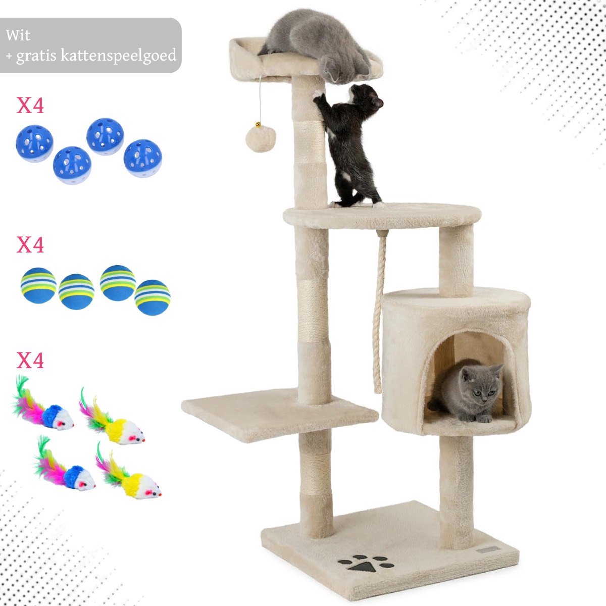 Kattenhuis – Kattenkrabpaal met grot, sisalstammen & speelaccessoires – Katten Speelhuisje – Kattenboom – 112 cm – krabpaal – voor katten – wit