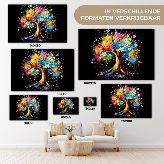 Peinture sur toile 120x80 cm - Décoration murale Arbre - Coloré - Fleurs - Zwart - Décoration murale murale salon - Décoration chambre - Accessoires de chambre - Peintures