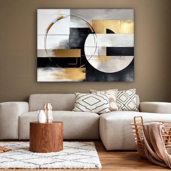 Peinture abstraite avec des formes géométriques dorées, argentées et noires et des cercles sur fond blanc.