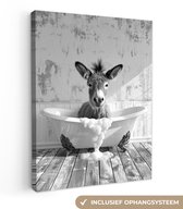 Canvas schilderij 30x40 cm - Wanddecoratie badkamer Ezel - Dier - Vintage - Badkuip - Zwart - Wit - Muurdecoratie WC - Decoratieve accessoires - Toilet muur decoratie - Schilderijen op canvas
