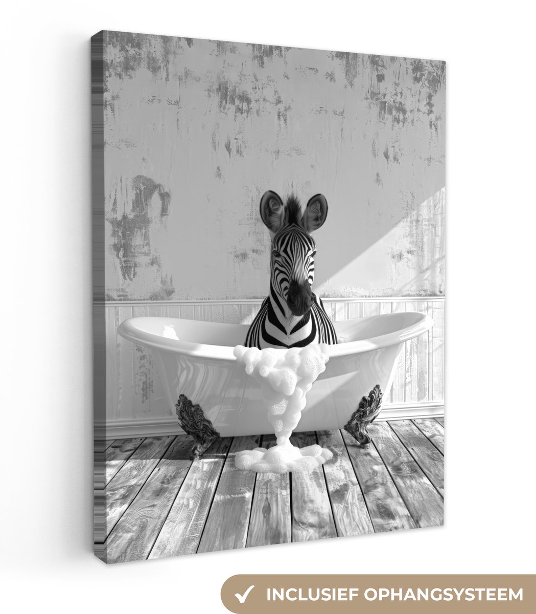 Canvas schilderij 60x80 cm - Wanddecoratie badkamer Zebra - Wilde dieren - Vintage - Zwart