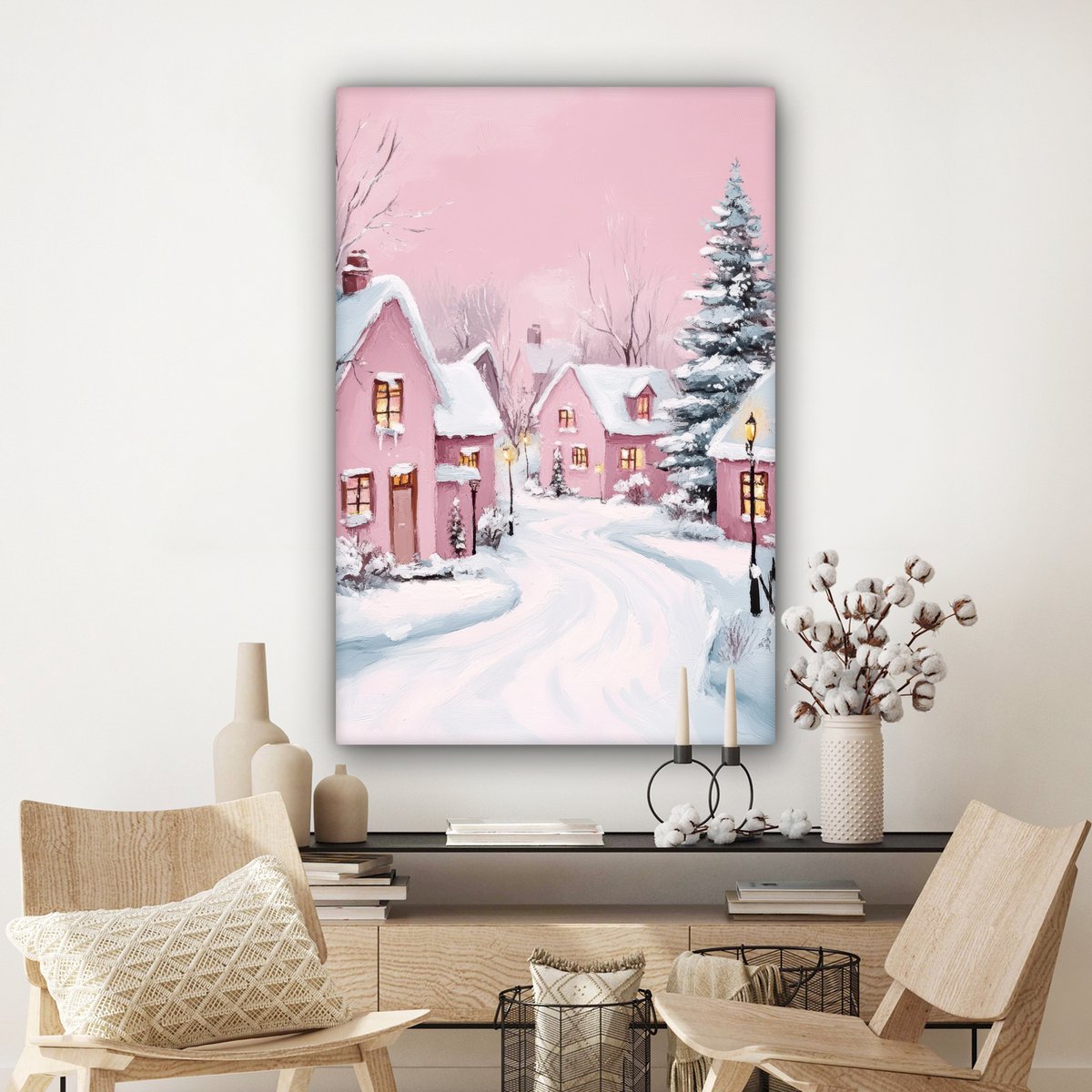 Canvas schilderij 90x140 cm - Wanddecoratie Kerstdorp - Roze - Winter - Sneeuw - Huizen - Muurdecoratie woonkamer - Slaapkamer decoratie - Kamer accessoires - Schilderijen op canvas - Kerstdecoratie voor binnen - Kerstversiering - Kerstmis versiering – foto 7