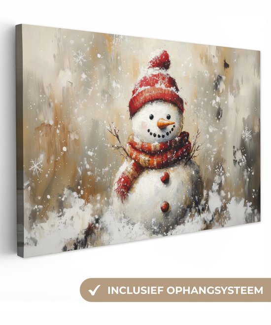 Canvas schilderij 120x80 cm - Wanddecoratie Sneeuwpop - Winter - Sneeuw - Beige - Muurdecoratie woonkamer - Slaapkamer decoratie - Kamer accessoires - Schilderijen op canvas