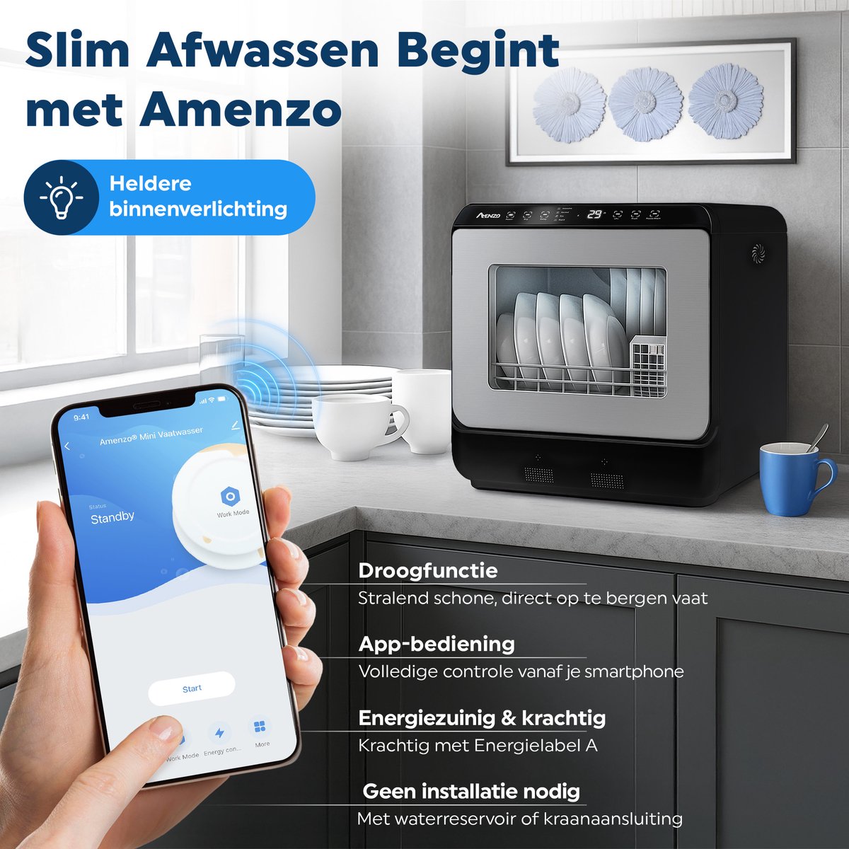 Amenzo® - Mini Vaatwasser - Inclusief App - Energielabel A - 900 Watt - 5 Programma's - Zwart - Afwasmachine - Met Waterreservoir — afbeelding 7