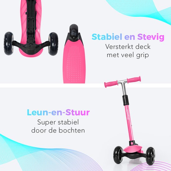 Roze step met drie wielen, stevig deck met grip en leun-en-stuur mechanisme. Versterkt deck.
