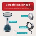 Witte en turquoise kledingstomer met twee opzetborstels, stekker en label "Verpakkingsinhoud".