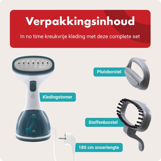 Witte en turquoise kledingstomer met twee opzetborstels, stekker en label "Verpakkingsinhoud".
