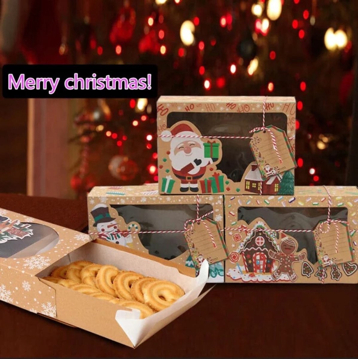 6 x Kerst Kraft Papieren Cadeaudozen met Transparant Deksel – Stevig & Herbruikbaar – Geschenkdoos - Gebakdoos – foto 2