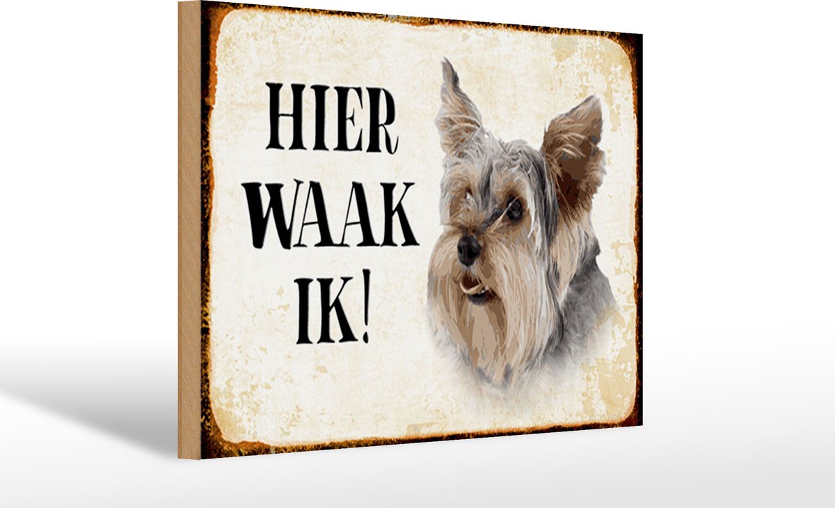 Femer Houten bordje van FEMER 30x20cm met tekst nederlands Hier Waak ik Yorkshire Terrier hond Decoratie Bruin