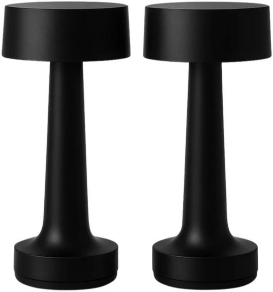 Deux lampes de table noires cylindriques avec une base large et une tige fine, sur fond blanc.