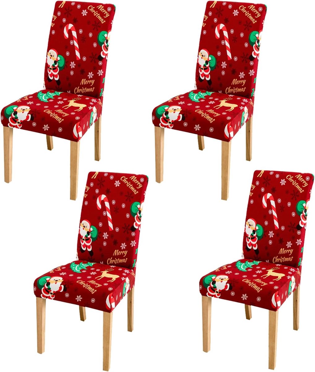 Image of 4 Stuks Stretch Eetkamerstoelhoezen met Kerstprint - Verwijderbaar en Wasbaar - Perfect voor Feestdagen