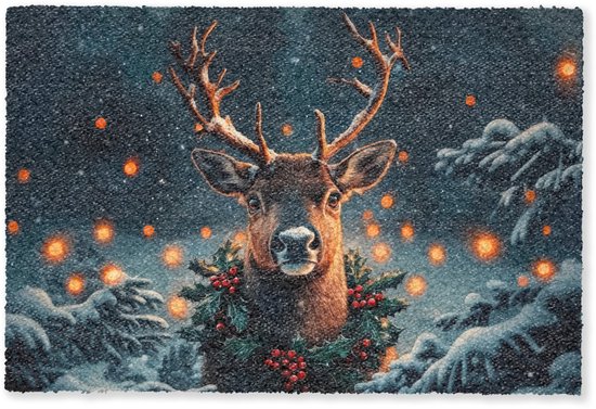 Deurmat 90x60 cm - Droogloopmat Hert - Kerst - Winter - Sneeuw - Kerstkrans - Mat voor binnen - Schoonloopmat - Deurmatten met print - Inloopmat