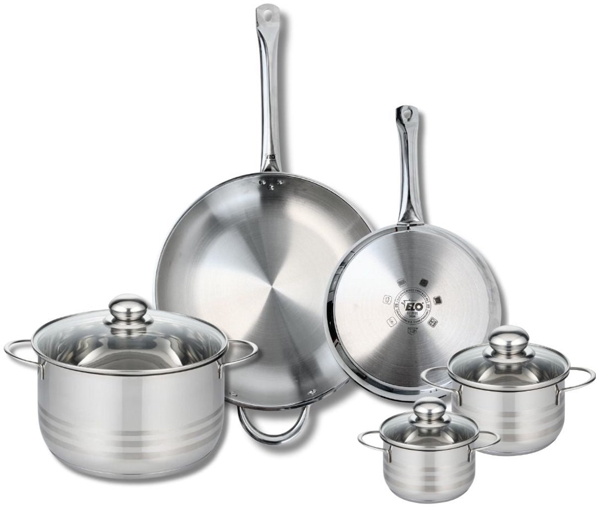 Set van 2 Koekenpannen 24 en 32 cm en 3 Kookpotten 12, 14 en 24 cm Elo Profi Brillant