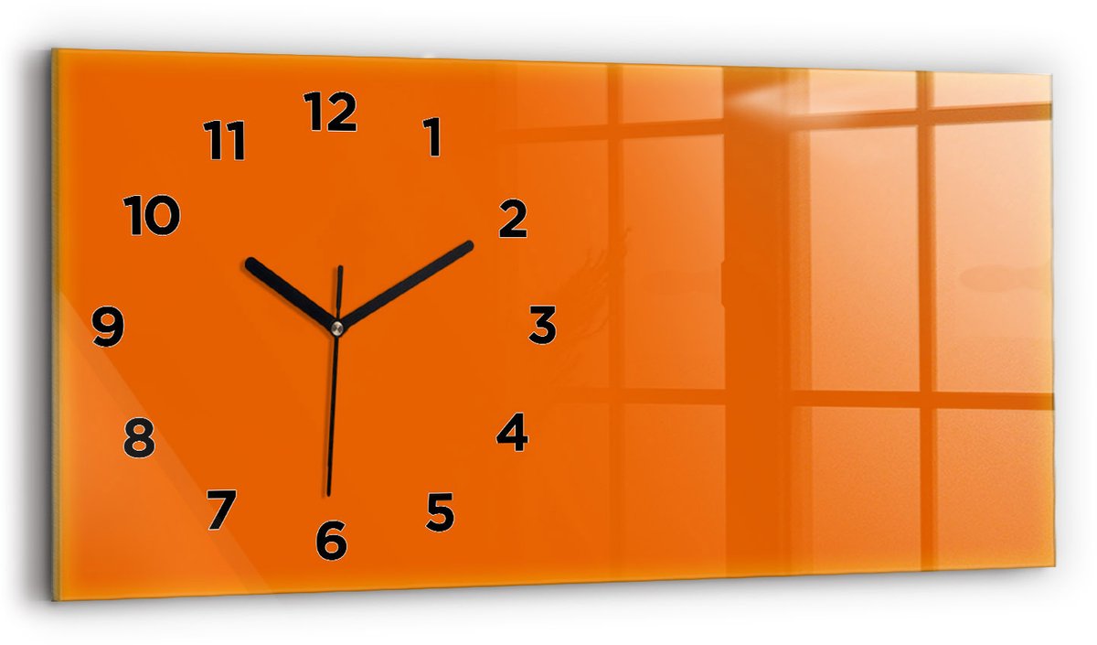 Wallfluent Wandklok - Oranje Rechthoekige Glazen Wandklok - 60 cm x 30 cm - Oranje Wandklok - Zwarte Handen - Wandklok Met Cijfers - Wandklok Glas Woonkamer - Glazen Klok Rechthoekige - Minimalistisch Wandklok - Rechthoekige Glas Klok