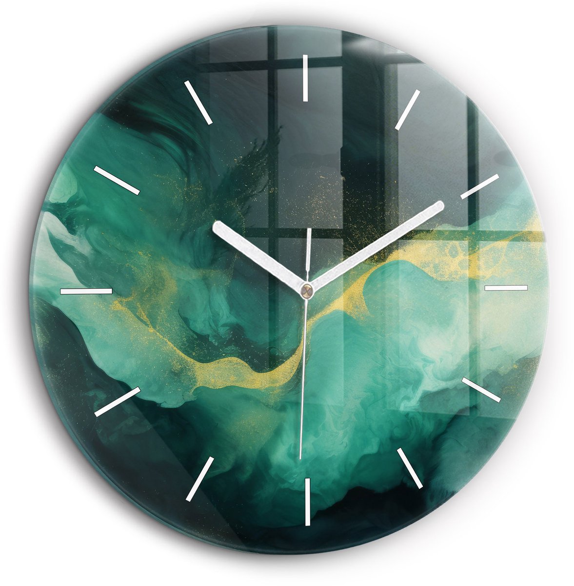 Wallfluent Wandklok - Groen marmer Klok als Muurdecoratie - 60 cm x 60 cm - Groente Wandklok - Witte Handen - Wandklok Zonder Cijfers - Kinder Wandklok Glas - Ronde Glazen Wandklok - Minimalistisch Wandklok - Decoratieve Wandklok