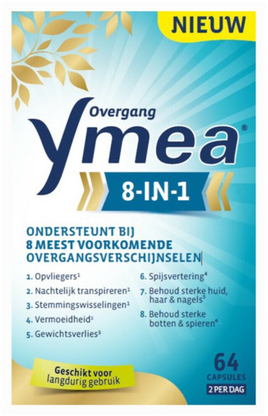 Verpakking van Ymea Overgang 8-in-1 capsules met gouden bladeren en blauwe stralen, 64 capsules.