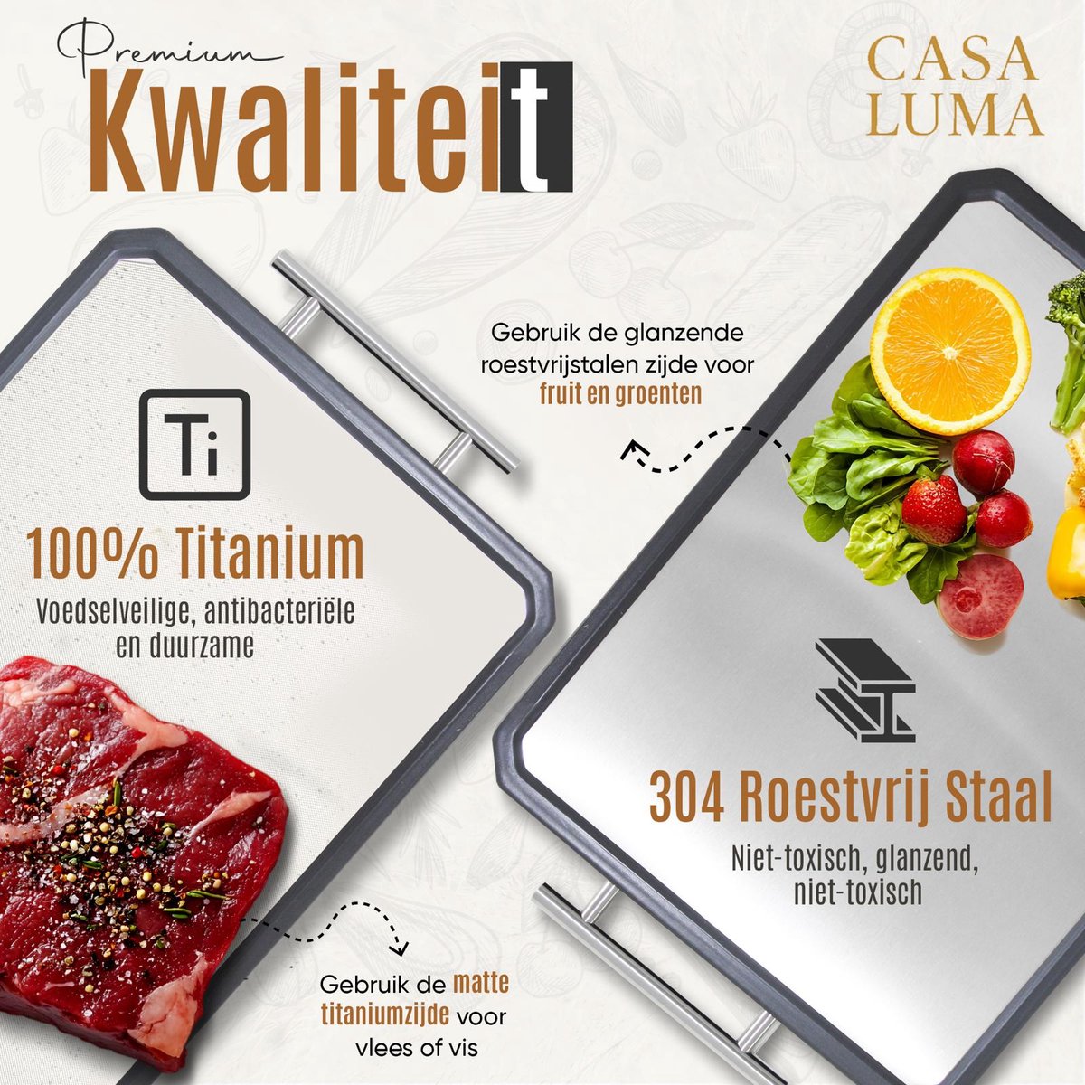 CASA LUMA Snijplank-RVS Titanium – Dubbelzijdig – Vaatwasser bestendig – Hygiënisch – Antislip – BPA-vrij- Antibacterieel – Duurzaam – Professionele Keukenplank voor Vlees, Vis, Groente & Brood — afbeelding 2