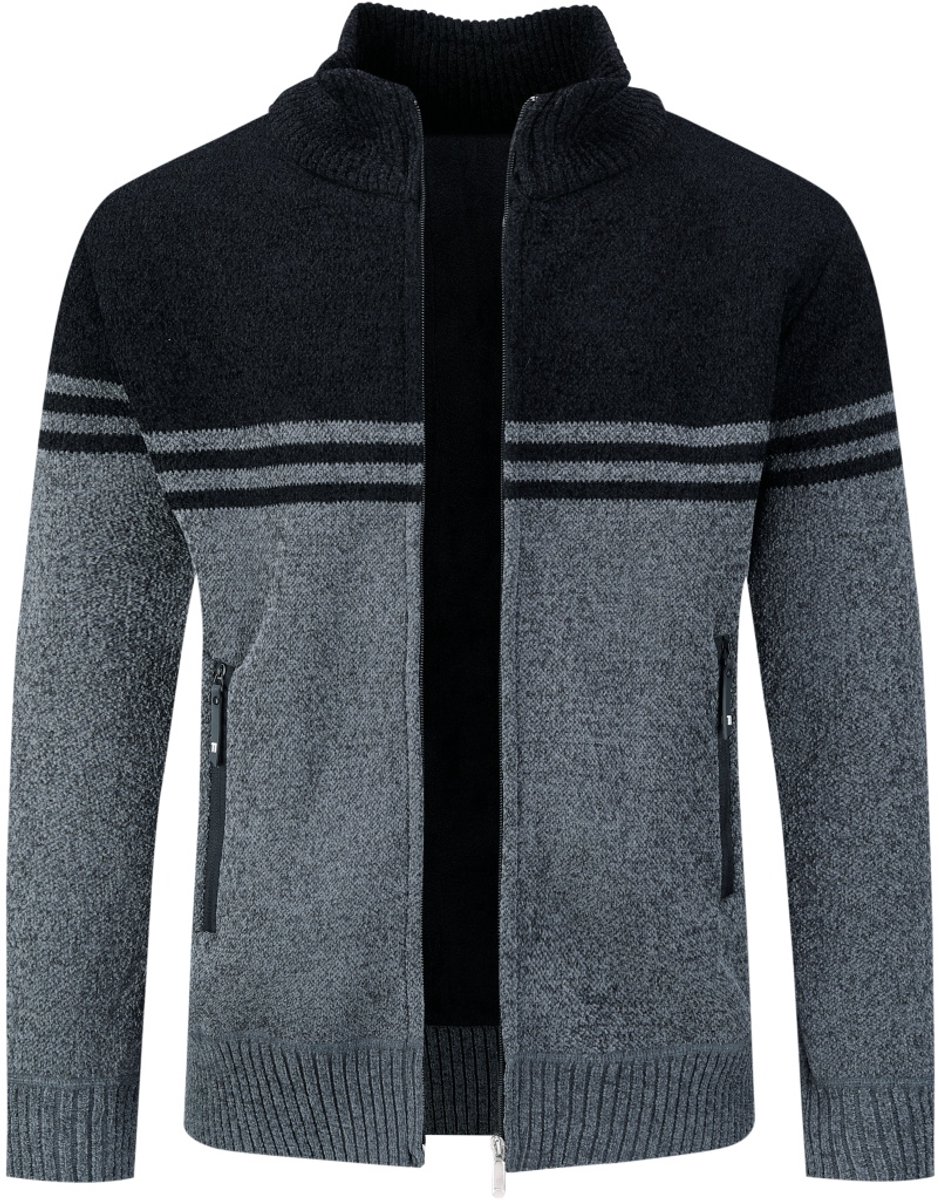 Allthemen Heren Cardigan met Opstaande Kraag Gestreepte Ritssluiting Zwart