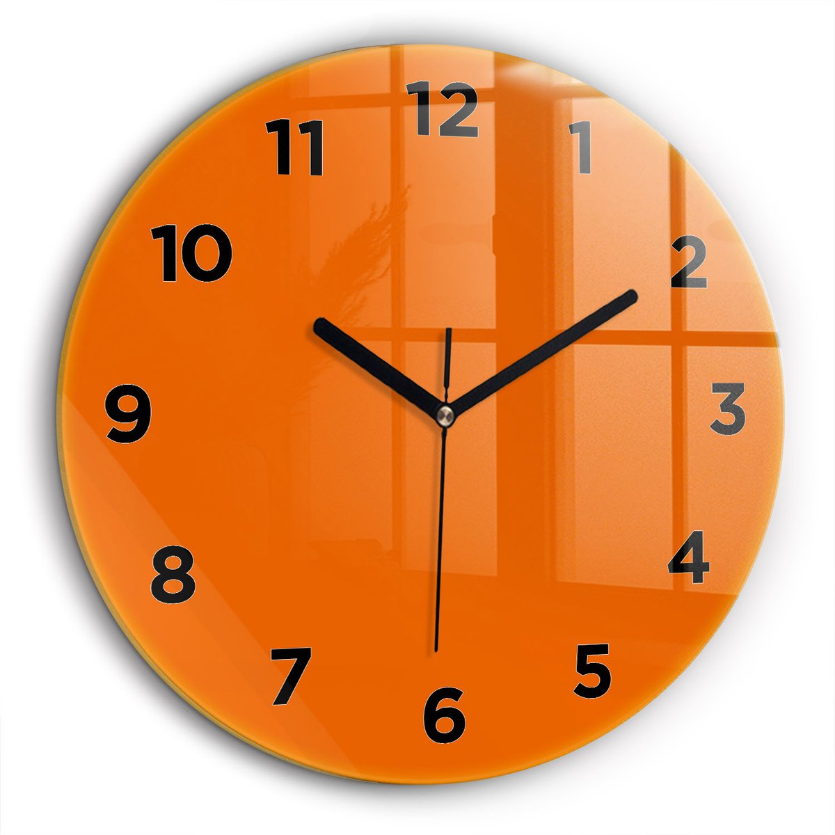 Wallfluent Wandklok - Oranje Ronde Glas Klok - 60 cm x 60 cm - Oranje Wandklok - Zwarte Handen - Wandklok Met Cijfers - Wandklok Glas Woonkamer - Ronde Glazen Klok - Minimalistisch Wandklok - Ronde Glazen Wandklok