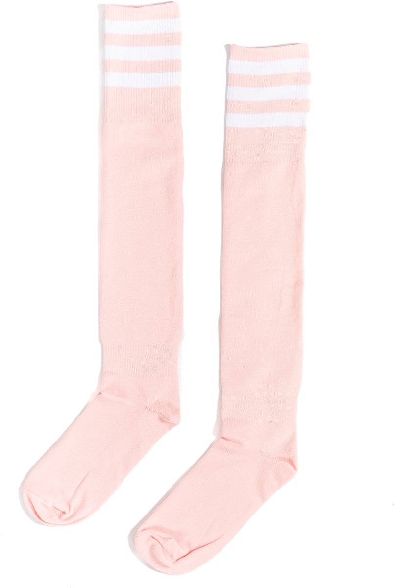 KIMU® Sokken Lichtroze Witte Strepen - Maat 36-41 - Dames Heren Unisex - Roze Kniekousen Voetbalsokken Sportsokken Cheerleader Kousen Streepjes Festival