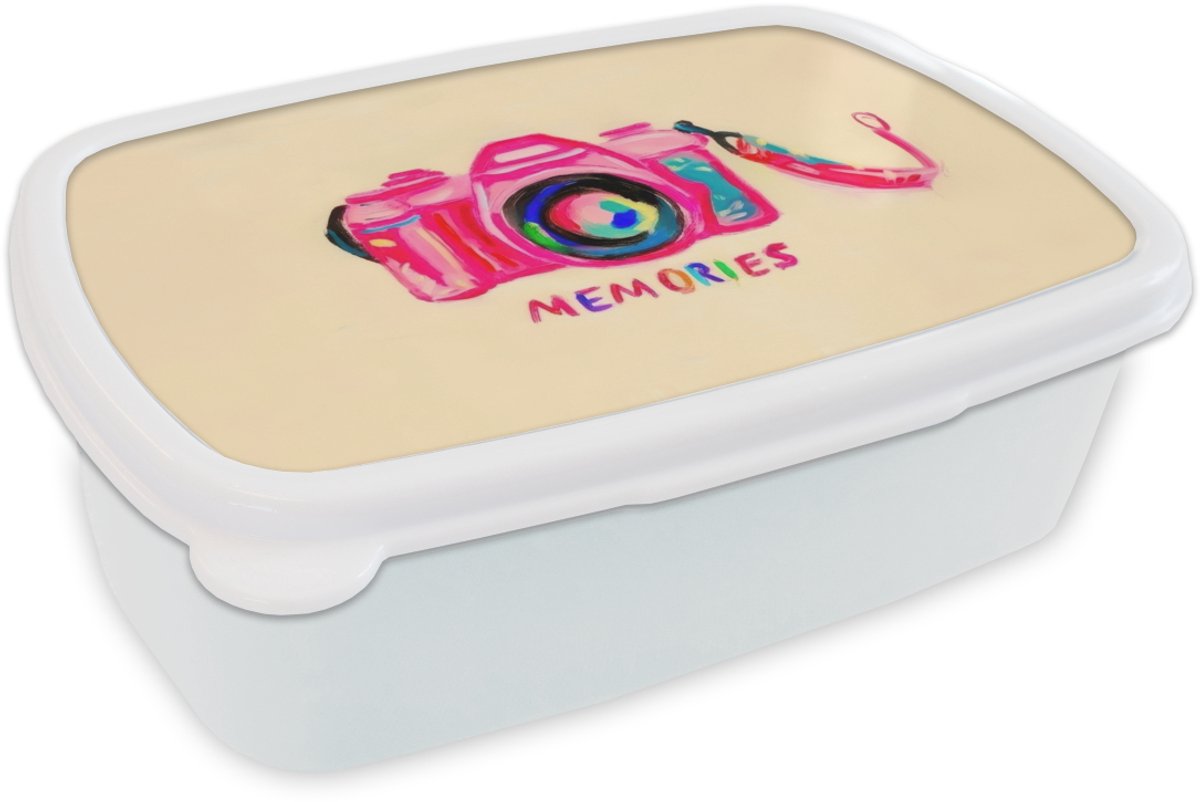 Broodtrommel Wit - Lunchbox Camera - Memories - Roze - Geschilderd - Brooddoos 18x12x6 cm - Brood lunch box - Broodtrommels voor kinderen en volwassenen