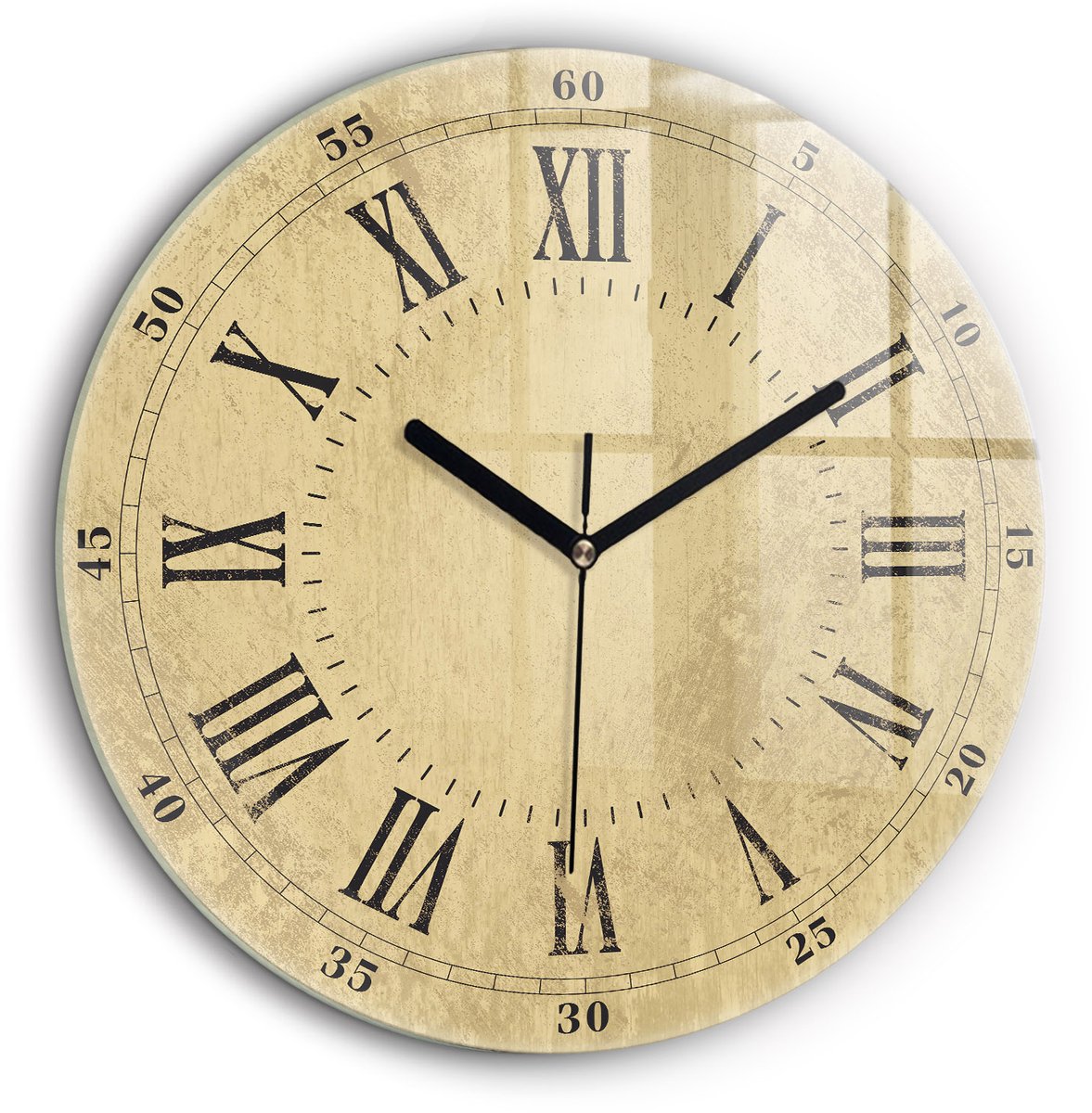 Wallfluent Wandklok - Bronzen Romeinse cijfers Klok met Afbeelding - 60 cm x 60 cm - Geel Wandklok - Zwarte Handen - Klok zonder getallen - Kinder Wandklok Glas - Decoratieve Wandklok - Design Wandklok - Klok als Muurdecoratie