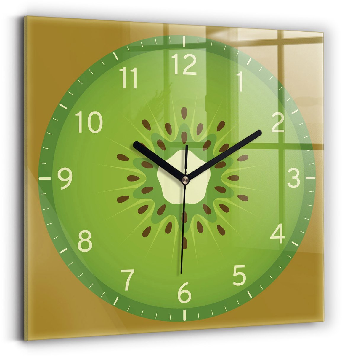 Wallfluent Wandklok - Kiwifruit Klok met Print - 30 cm x 30 cm - Groente Wandklok - Zwarte Handen - Wandklok zonder cijfers - Wandklok Glas Woonkamer - Klok met Afbeelding - Moderne Wandklok - Unieke Wandklok